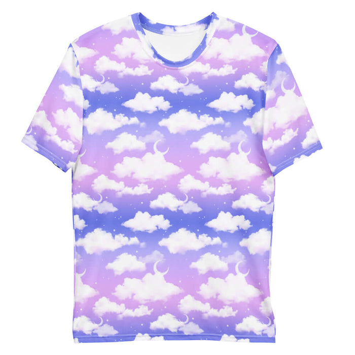 Cloudy Sky kawaii men's tee with puffy white clouds and crescent moons on a pastel sky