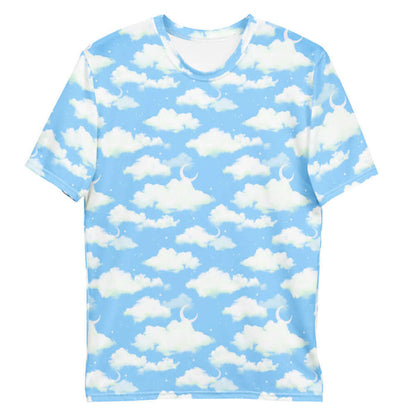 Cloudy Sky kawaii men's tee with drifting clouds and tiny stars on a pastel sky