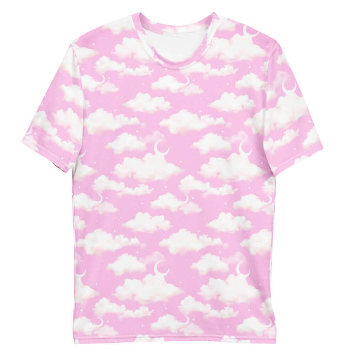 Cloudy Sky kawaii men's tee in pink with puffy clouds and sprinkled stars