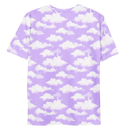 Cloudy Sky kawaii men's tee in purple gradient with fluffy cumulus clouds and crescent moons
