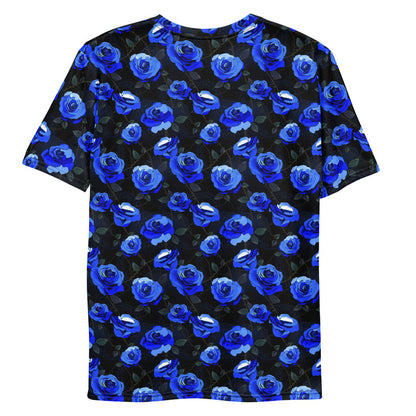 Blue Men's Enchanted Rose T-Shirt with blue roses and lace doilies, alternative men's tee