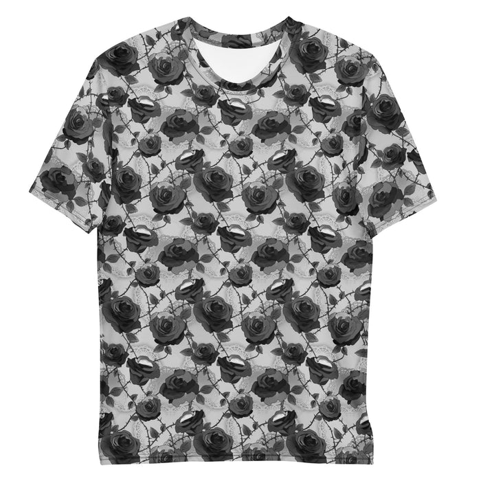 Black and white Men's Enchanted Rose T-Shirt with roses and lace doilies, gothic kawaii tee