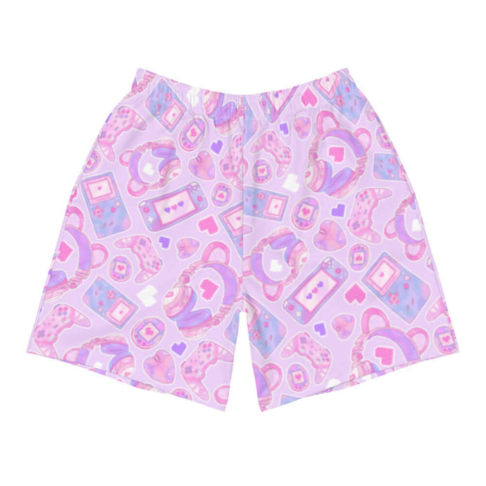 Gamer Girl kawaii men's athletic shorts in pink with bear-ear headphones and pixel hearts