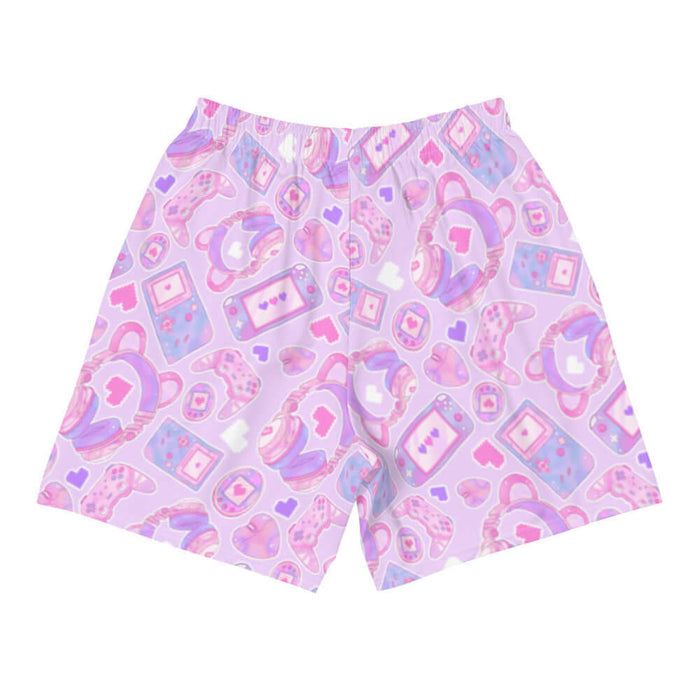 Gamer Girl kawaii men's athletic shorts in pink with pastel controllers and Tamagotchi pets
