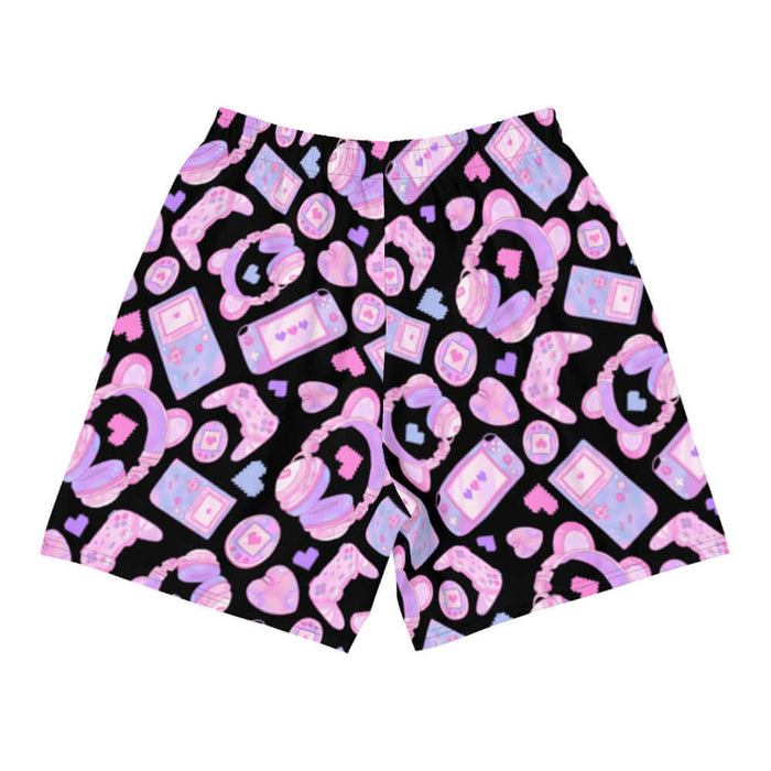 Gamer Girl kawaii men's athletic shorts in black with Game Boy handhelds and 8-bit hearts
