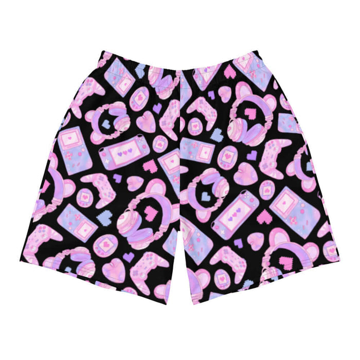 Gamer Girl kawaii men's athletic shorts in black with twin joysticks and pastel handhelds
