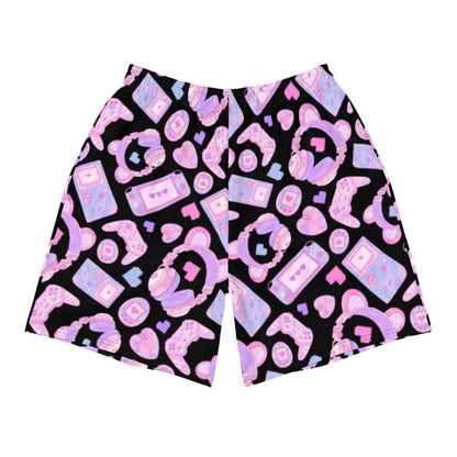 Gamer Girl kawaii men's athletic shorts in black with twin joysticks and pastel handhelds