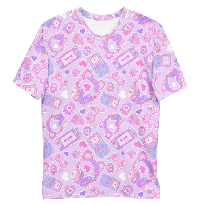 Gamer Girl kawaii men's tee in pink with bear-ear headphones and pixel hearts