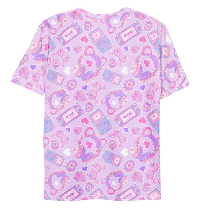 Gamer Girl kawaii men's tee in pink with pastel controllers and Tamagotchi pets