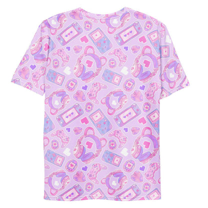 Gamer Girl kawaii men's tee in pink with pastel controllers and Tamagotchi pets