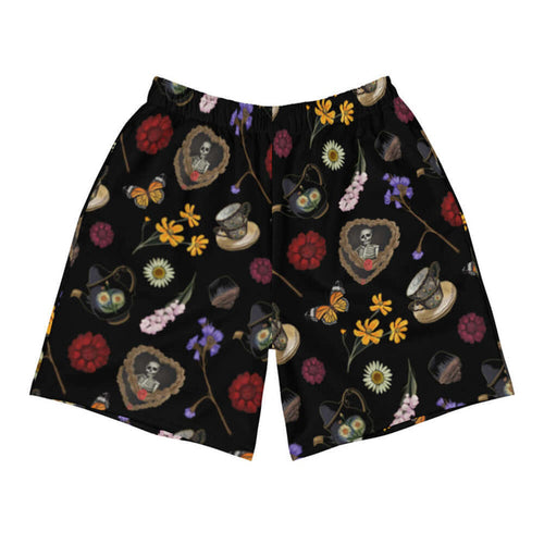 Gothic Tea Time men's athletic shorts in black with monarch butterflies and crimson dahlias, goth fashion