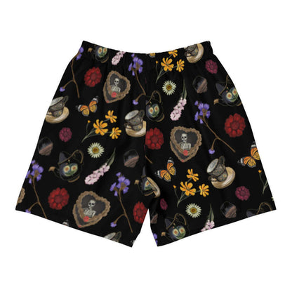 Gothic Tea Time men's athletic shorts in black with gilded teacups and purple irises, goth fashion
