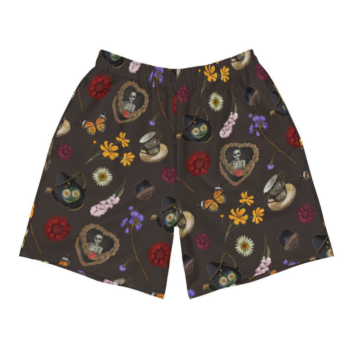 Gothic Tea Time men's athletic shorts in black with pale butterflies and pink snapdragons, goth fashion