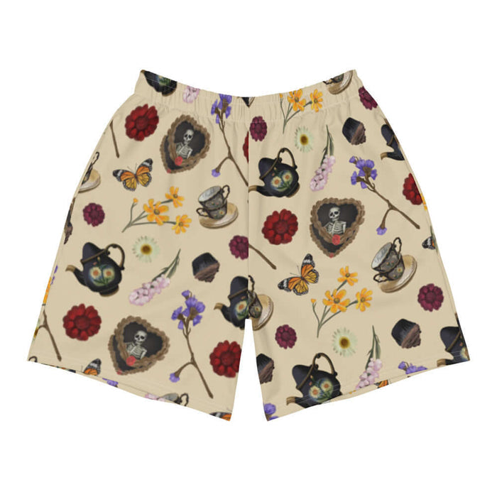 Gothic Tea Time men's athletic shorts in black with white daisies and black teapots, goth fashion