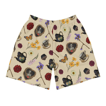 Gothic Tea Time men's athletic shorts in black with white daisies and black teapots, goth fashion