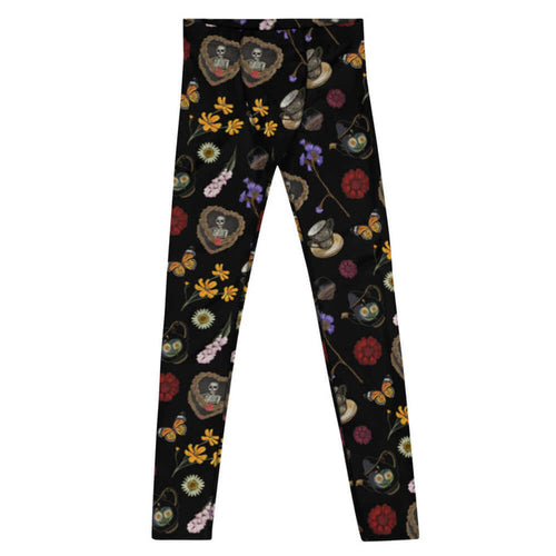 Gothic Tea Time men's leggings in black with a rose-clutching skeleton and white daisies, pastel goth fashion