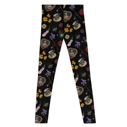Gothic Tea Time men's leggings in black with black teapots and wine-dark zinnias, pastel goth fashion
