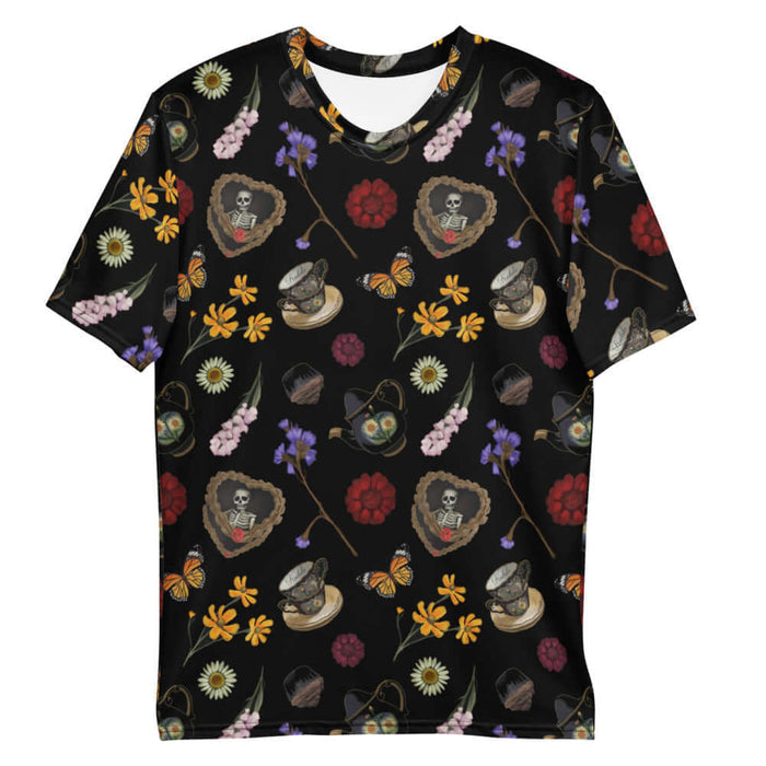 Gothic Tea Time men's t-shirt in black with a rose-clutching skeleton and white daisies, alternative style