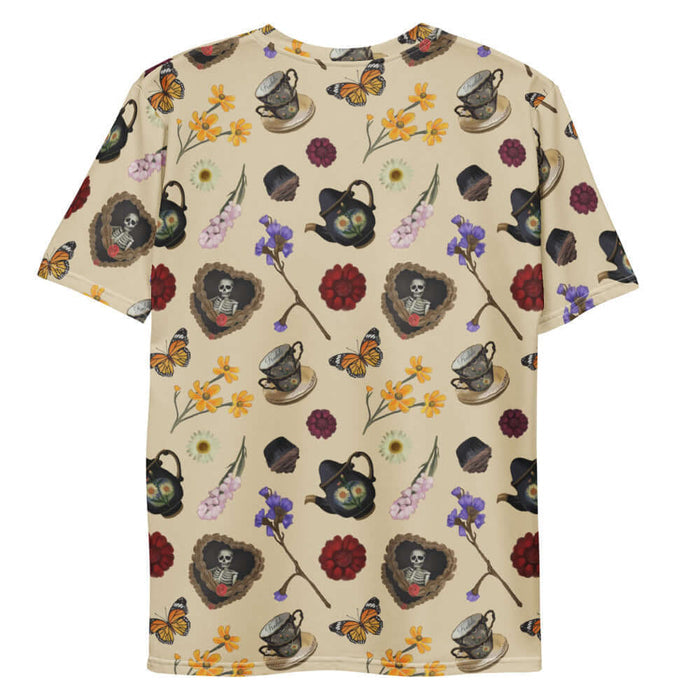 Gothic Tea Time men's t-shirt in black with a heart-wreathed skeleton and golden cosmos, alternative style