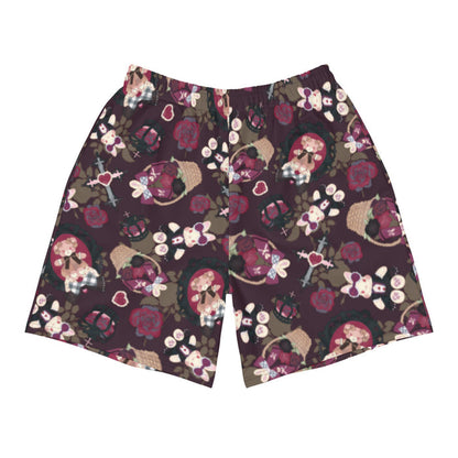 Gothic Teddy men's athletic shorts in mauve and charcoal with grey-blue roses and black bows, goth activewear