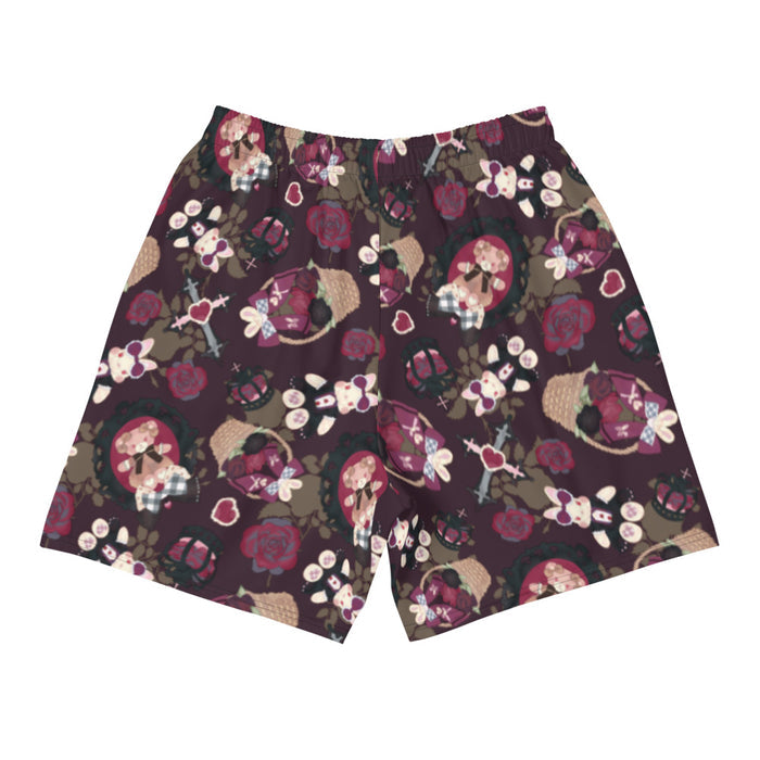 Gothic Teddy men's athletic shorts in mauve and charcoal with heart charms and thorny vines, alternative style