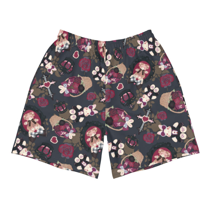 Gothic Teddy men's athletic shorts in mauve and charcoal with cameo teddies and winged bunnies, pastel goth fit