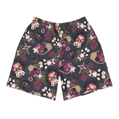 Gothic Teddy men's athletic shorts in mauve and charcoal with cameo teddies and winged bunnies, pastel goth fit