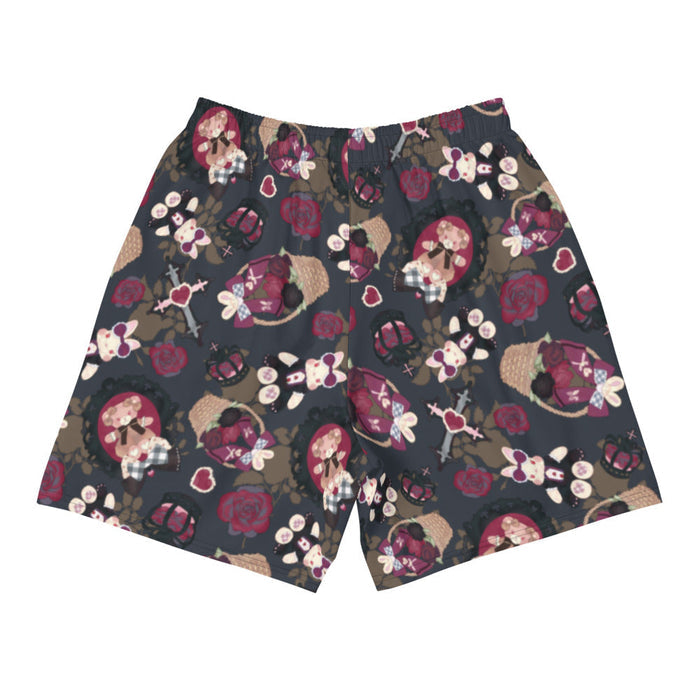 Gothic Teddy men's athletic shorts in mauve and charcoal with black crowns and crimson roses, kawaii goth style