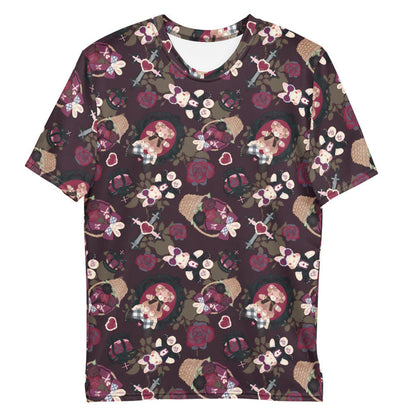 Gothic Teddy men's tee in mauve and charcoal with dark roses and ornate crosses, pastel goth fit