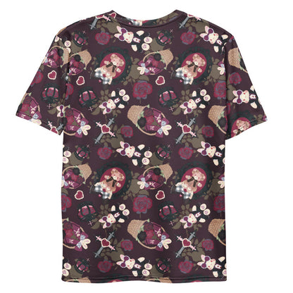 Gothic Teddy men's tee in mauve and charcoal with rose baskets and gingham hearts, kawaii goth style