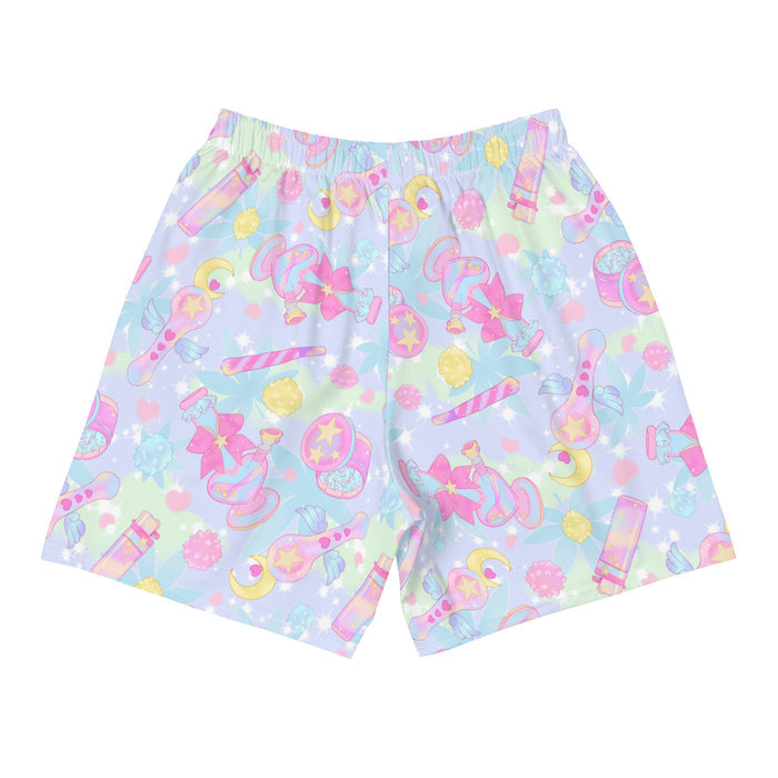Indica Magica kawaii men's athletic shorts in pastel with candy-striped joints and konpeito buds