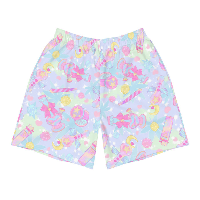 Indica Magica kawaii men's athletic shorts in pastel with crescent moons and hot-pink bows