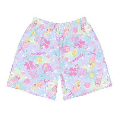 Indica Magica kawaii men's athletic shorts in pastel with crescent moons and hot-pink bows