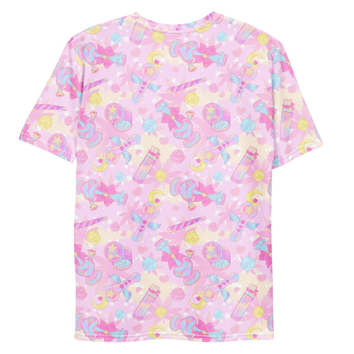 Indica Magica kawaii men's tee in pink with holographic bongs and pastel hearts