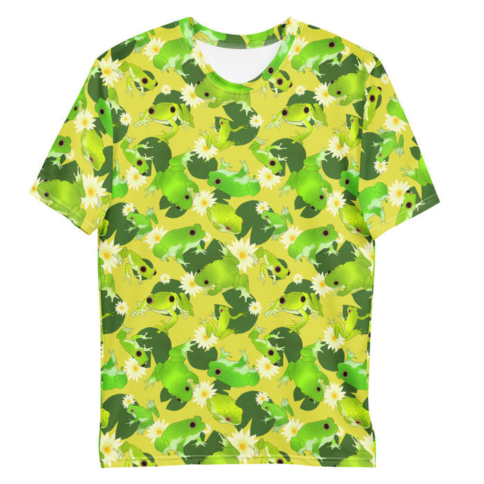 Kero-kero kawaii men's t-shirt in yellow with long-legged frogs and lily pads