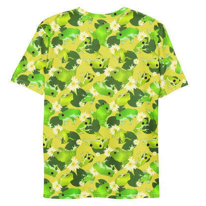 Kero-kero kawaii men's t-shirt in green with plump green frogs and golden lily centers
