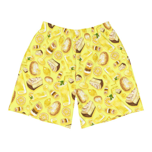 Lemon kawaii men's athletic shorts in yellow with layered lemon parfaits and fresh mint sprigs