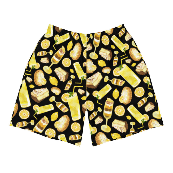 Lemon kawaii men's athletic shorts in yellow with glossy whole lemons and citrus tarts