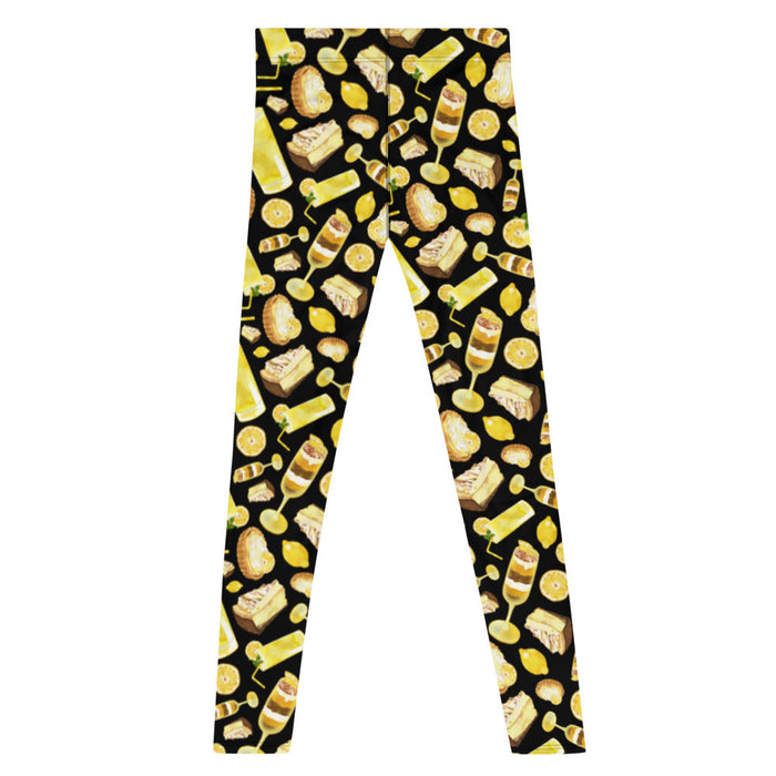 Lemon kawaii men's leggings in yellow with a lemon meringue pie and glossy whole lemons