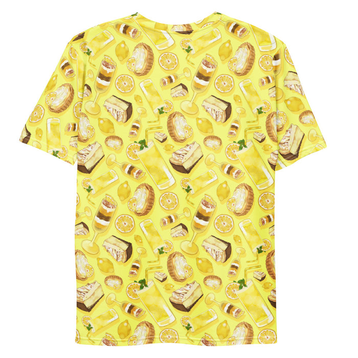 Lemon kawaii men's t-shirt in yellow with golden citrus tarts and iced lemonade