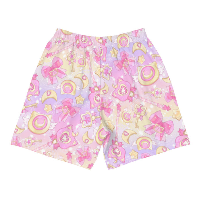 Magical Girl kawaii men's athletic shorts in pink featuring neko compacts and crescent moons