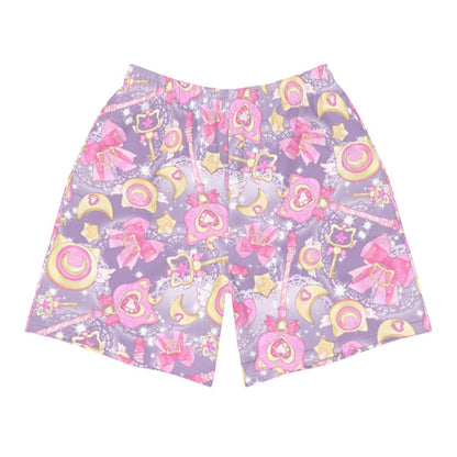 Pink and purple Magical Girl kawaii men's athletic shorts with ribbon bows and golden stars