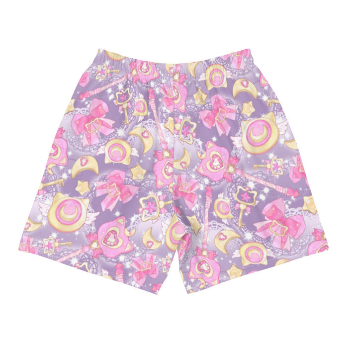 Magical Girl kawaii men's athletic shorts covered in magic scepters and heart gems, in pink and purple