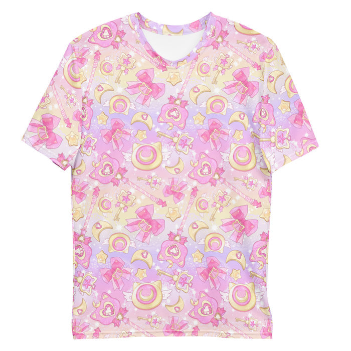 Magical Girl kawaii men's tee in pink with gem hearts and star wands