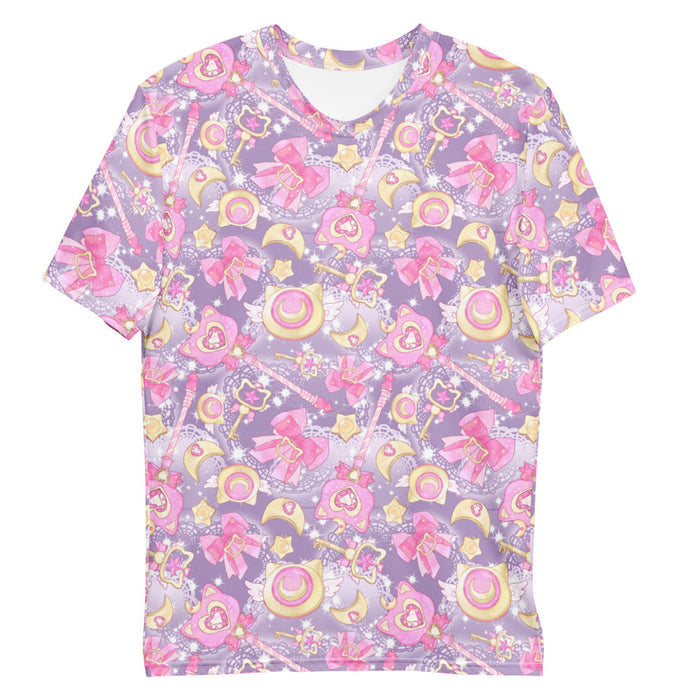 Pink or purple Magical Girl kawaii men's tee with ribbon bows and golden stars