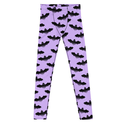 Morrigan pastel-goth men's leggings in lavender with watercolor bats and drifting clouds