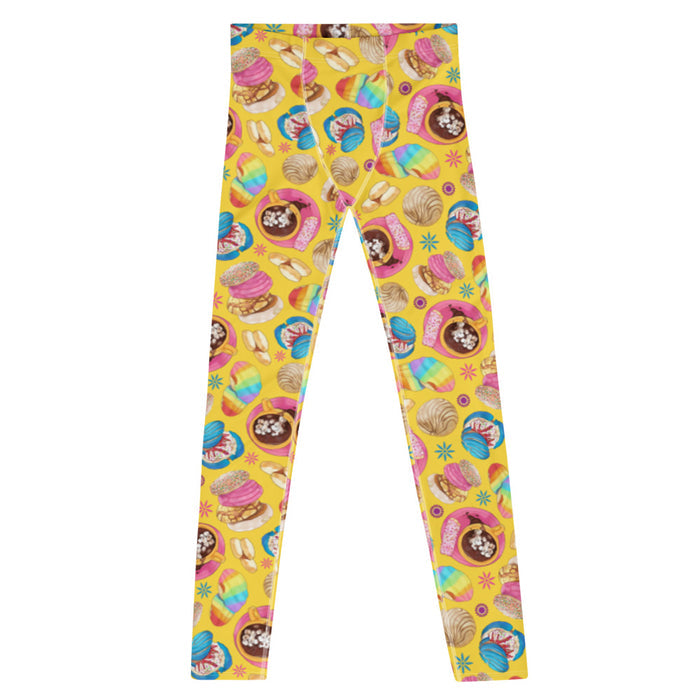Pan Dulce kawaii men's leggings in yellow with cocoa swirls and golden conchas