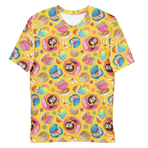 Pan Dulce kawaii men's t-shirt in yellow with pink cortadillos and rainbow-striped conchas