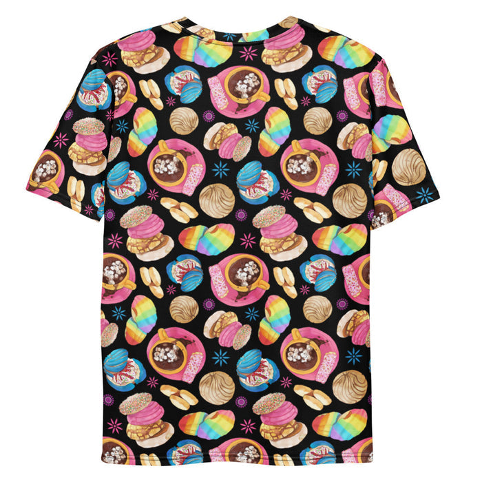 Pan Dulce kawaii men's t-shirt in yellow with rainbow-striped conchas and blue drizzled conchas