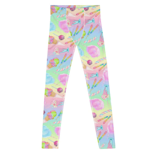Rainbow Candy kawaii men's leggings in pastel rainbow with rock candy sticks and cotton candy clouds